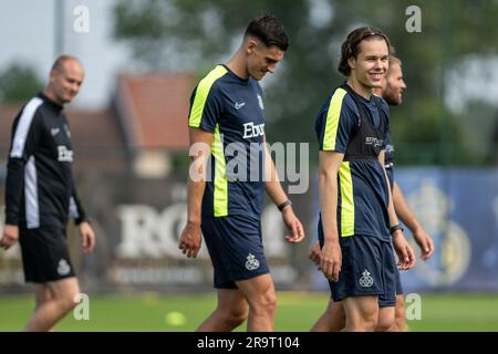 Lier, Belgium. 28th June, 2023. Union's Mathias Rasmussen pictured during the physical tests of the players of Belgian first division team Royal Union Saint-Gilloise, at the Union training facilities in Lier, Wednesday 28 June 2023. BELGA PHOTO LUC CLAESSEN Credit: Belga News Agency/Alamy Live News Stock Photo