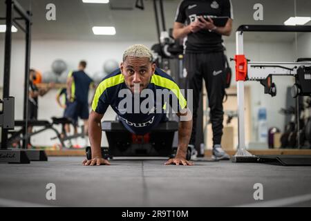 Lier, Belgium. 28th June, 2023. Union's player pictured during the physical tests of the players of Belgian first division team Royal Union Saint-Gilloise, at the Union training facilities in Lier, Wednesday 28 June 2023. BELGA PHOTO LUC CLAESSEN Credit: Belga News Agency/Alamy Live News Stock Photo