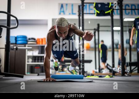Lier, Belgium. 28th June, 2023. Union's player pictured during the physical tests of the players of Belgian first division team Royal Union Saint-Gilloise, at the Union training facilities in Lier, Wednesday 28 June 2023. BELGA PHOTO LUC CLAESSEN Credit: Belga News Agency/Alamy Live News Stock Photo