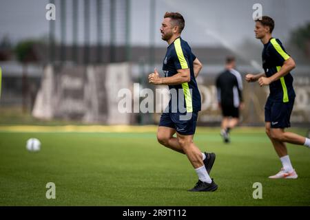 Lier, Belgium. 28th June, 2023. Union's Guillaume Francois pictured during the physical tests of the players of Belgian first division team Royal Union Saint-Gilloise, at the Union training facilities in Lier, Wednesday 28 June 2023. BELGA PHOTO LUC CLAESSEN Credit: Belga News Agency/Alamy Live News Stock Photo