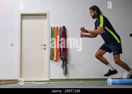 Lier, Belgium. 28th June, 2023. Union's Christian Burgess pictured during the physical tests of the players of Belgian first division team Royal Union Saint-Gilloise, at the Union training facilities in Lier, Wednesday 28 June 2023. BELGA PHOTO LUC CLAESSEN Credit: Belga News Agency/Alamy Live News Stock Photo