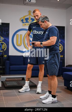 Lier, Belgium. 28th June, 2023. the physical tests of the players of Belgian first division team Royal Union Saint-Gilloise, at the Union training facilities in Lier, Wednesday 28 June 2023. BELGA PHOTO LUC CLAESSEN Credit: Belga News Agency/Alamy Live News Stock Photo