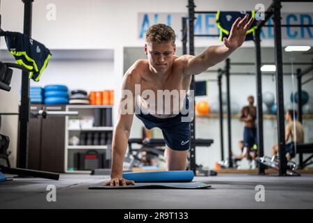 Lier, Belgium. 28th June, 2023. Union's Viktor Boone pictured during the physical tests of the players of Belgian first division team Royal Union Saint-Gilloise, at the Union training facilities in Lier, Wednesday 28 June 2023. BELGA PHOTO LUC CLAESSEN Credit: Belga News Agency/Alamy Live News Stock Photo