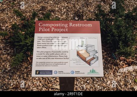 Composting Restroom pilot project sign at Seattle Arboretum Stock Photo