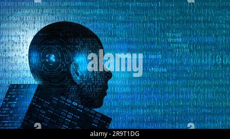 Machine learning. Big data and artificial intelligence concept. Cyborg head on binary numbers background. 3D render illustration. Stock Photo