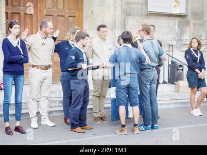 Paris, France - September 23, 2017: French Boy Scouts (Scout Unitaines de France), children's (bobcats) rally. Social group work, youth organizations Stock Photo