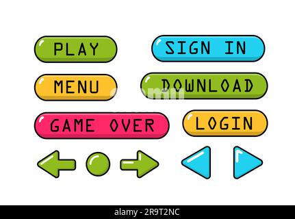 Game buttons in retro style set. Design elements for mobile programs and applications, interface for website in pixel style 8 bit. Cartoon flat vector Stock Vector