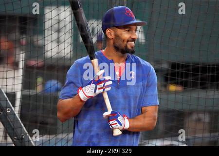 Texas Rangers' Marcus Semien takes batting practice before a