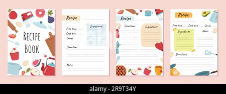Set of recipe book pages concept. Ingredients and recipes. Cooking tutorials and instructions. Place for notes and notepad. Posters or banners. Flat v Stock Vector