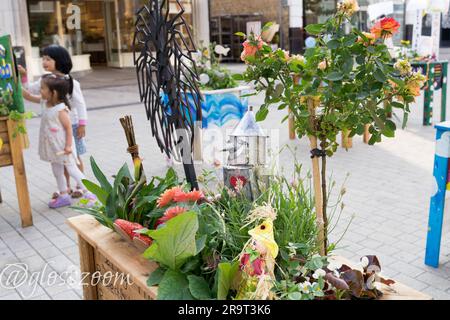 Bromley London UK. 28th June 2023. Bromley Floral Fest competition 2023 is well underway at Bromley Hight Street. Parents and school children visit their school's floral display created in garden planter, which are all open to public vote to  pick a winner. Credit:   Xiu Bao/Alamy Live News Stock Photo