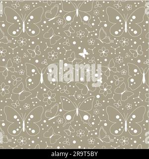 Seamless pattern with flying contour decorative butterflies, flowers and polka dots White isolated illustration on color background Stock Vector