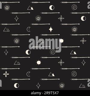 Aztec pattern Black and white Doodle arrows seamless pattern Spear, sun, moon, star, pyramid Decorative background Thin line Vector illustration Isola Stock Vector