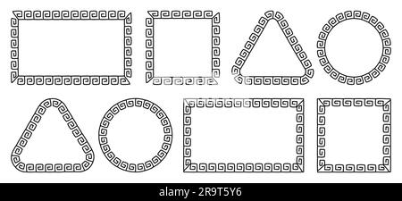 Frames with seamless greek meander pattern. Decorative borders constructed from continuous lines, shaped into repeated motif. Hand drawn doodle vector Stock Vector