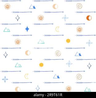 Aztec pattern Doodle arrows seamless pattern Spear, sun, moon, star, pyramid Decorative background Thin line Vector illustration Isolated Stock Vector