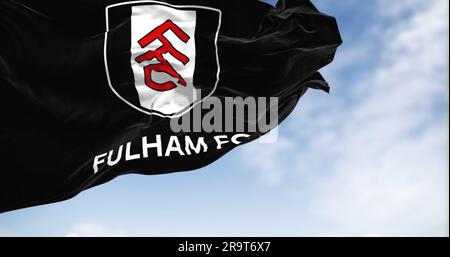 London, UK, jan 2023: flag of Fulham Football Club waving. Professional Football club based in London. English Premier League. Fluttering fabric. Illu Stock Photo