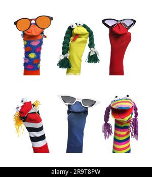 Many colorful sock puppets on white background, collage design Stock Photo