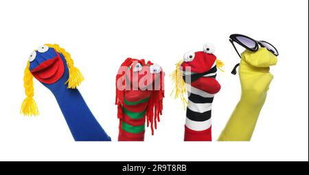 Many colorful sock puppets on white background, collage design Stock Photo