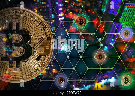 Cryptocurrency. Scheme with bitcoins against blurred background Stock Photo