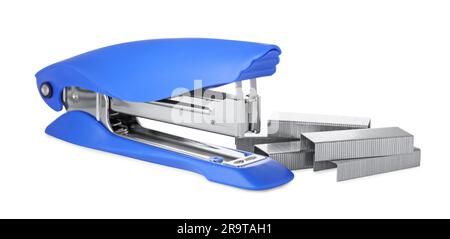 Bright blue stapler with staples isolated on white Stock Photo