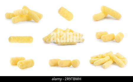 Collage with tasty corn sticks on white background Stock Photo