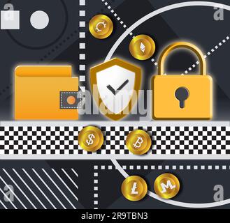 Security of online currency. Different cryptocurrency coins, wallet, shield and padlock on color background, illustration Stock Photo