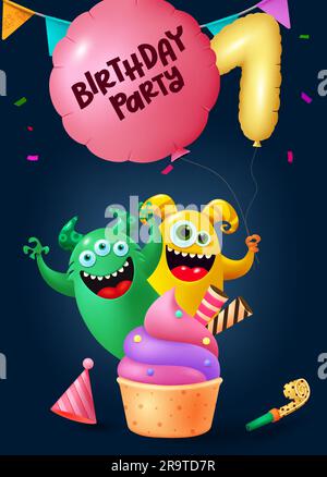 Birthday party text vector poster. Monster cartoon characters holding balloons for birthday celebration. Vector illustration greeting design. Stock Vector