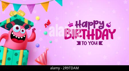 Happy birthday text vector design. Birthday greeting in purple space with monster character in gift box surprise elements. Vector illustration Stock Vector