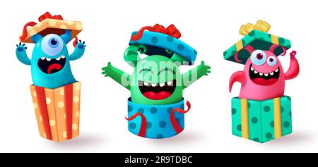 Monster characters vector set design. Birthday monsters character in open gift box for party surprise elements. Vector illustration cute and funny Stock Vector