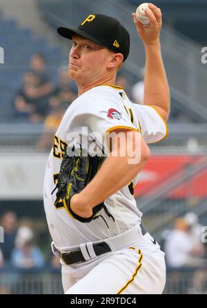 Pittsburgh, United States. 28th June, 2023. Pittsburgh Pirates starting pitcher Mitch Keller (23) throws against the San Diego Padres in the first inning at PNC Park on Wednesday, June 28, 2023 in Pittsburgh. Photo by Archie Carpenter/UPI Credit: UPI/Alamy Live News Stock Photo