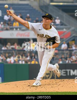 Pittsburgh, United States. 28th June, 2023. Pittsburgh Pirates starting pitcher Mitch Keller (23) throws against the San Diego Padres in the first inning at PNC Park on Wednesday, June 28, 2023 in Pittsburgh. Photo by Archie Carpenter/UPI Credit: UPI/Alamy Live News Stock Photo