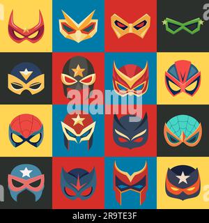 Vector Super Hero Masks Set in Flat Style. Face Character, Superhero Comic Book Mask Collection. Superhero Photo Props, Women and Men Masks, Carnival Stock Vector