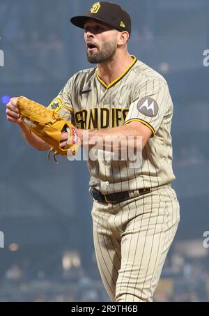 Pittsburgh, United States. 28th June, 2023. San Diego Padres relief pitcher Nick Martinez (21) reacts after the batter is hit by his pitch the hit during the seventh inning at PNC Park on Wednesday, June 28, 2023 in Pittsburgh. Photo by Archie Carpenter/UPI Credit: UPI/Alamy Live News Stock Photo