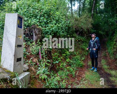 May 29, 2023, Close to Lugo, Spain: A pilgrim is seen standing next to a stone mark. The Camino de Santiago (the Way of St. James) is a large network of ancient pilgrim routes stretching across Europe and coming together at the tomb of St. James (Santiago in Spanish) in Santiago de Compostela in northwest Spain. The Camino Primitivo is the original and oldest pilgrimage route. It links Oviedo with Santiago de Compostela. It's characterized as being one of the hard routes but also for being one of the most attractive Jacobean routes. In 2015, it was listed as a World Heritage Site by UNESCO, al Stock Photo