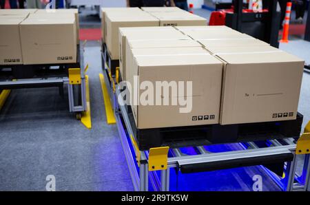 Shuttle pallets in modern manufacturing warehouses. Stock Photo