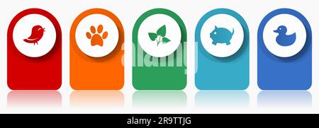Nature icon set, miscellaneous vector icons such as bird, animal, leaf, pig and duck, modern design infographic template, web buttons in 5 color optio Stock Vector