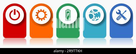 Industry icon set, miscellaneous vector icons such as power, cogwheel, battery and tools, modern design infographic template, web buttons in 5 color o Stock Vector