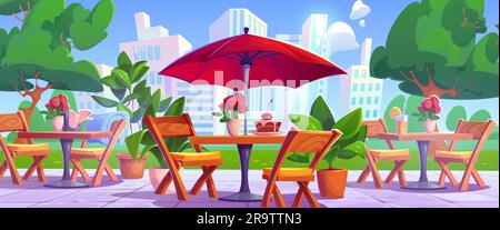 Outdoor cafe in city park on sunny day. Vector cartoon illustration of cake and glass of lemonade served on wooden table under umbrella, chairs and flowerpots on restaurant patio, cityscape background Stock Vector