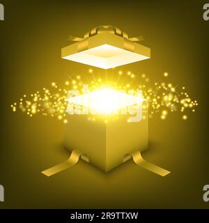 Open gift box with golden ray light, festival and celebration Stock Vector