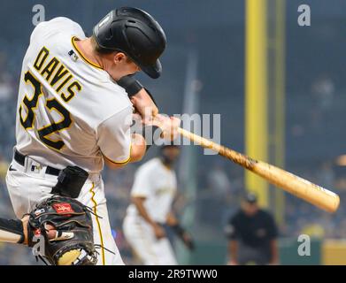 Pittsburgh, United States. 28th June, 2023. Pittsburgh Pirates catcher Henry Davis (32) singles in the seventh inning against the San Diego Padres and drives in two runs at PNC Park on Wednesday, June 28, 2023 in Pittsburgh. Photo by Archie Carpenter/UPI Credit: UPI/Alamy Live News Stock Photo