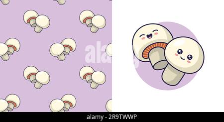 Hand drawn Mushrooms in doodle style for designing baby clothes. Postcard with Mushrooms and seamless pattern. Cartoon Bohemian nursery print. Kids design texture for pajamas. Vector illustration. Stock Vector