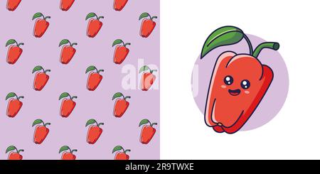 Hand drawn Pepper in doodle style for designing baby clothes. Postcard with Pepper and seamless pattern. Cartoon Bohemian nursery print. Kids design texture for pajamas. Vector illustration. Stock Vector