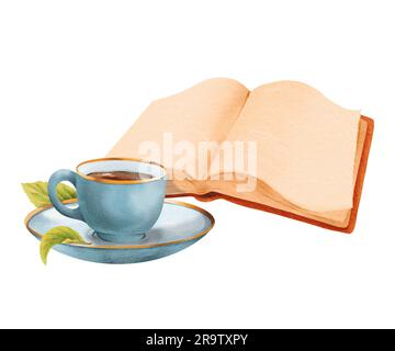 The composition is a cup of coffee and an open book. Watercolor ...