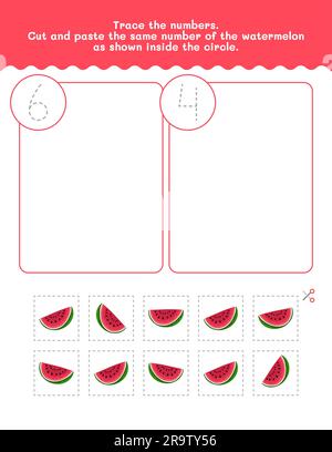 Six And Four Counting And Tracing Number Worksheet. Cut And Paste Worksheet With Pictures. Premium Vector Element. Stock Vector