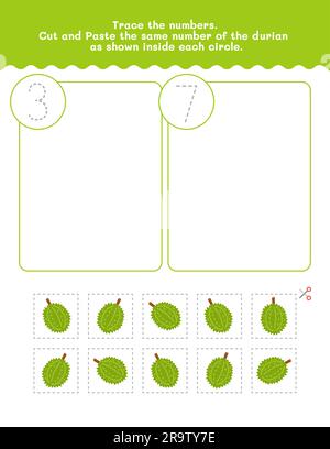 Three And Seven Counting And Tracing Number Worksheet. Cut And Paste Worksheet With Pictures. Premium Vector Element. Stock Vector