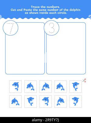 Seven And Three Count And Tracing Number Worksheet. Cut And Paste Worksheet With Pictures. Premium Vector Element. Stock Vector