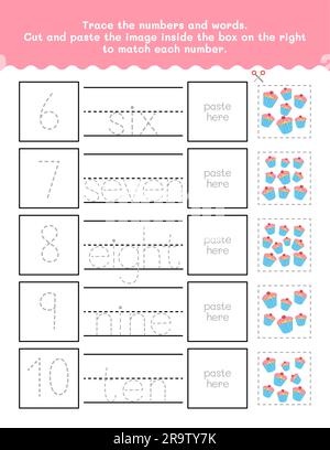 Six to Ten Number And Word Tracing Worksheet. Cut And Paste Worksheet With Pictures. Premium Vector Element. Stock Vector