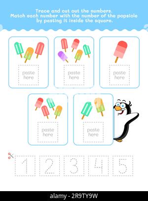 One To Five Number And Word Tracing Worksheet. Cut And Paste Worksheet With Popsicle Pictures. Premium Vector Element. Stock Vector