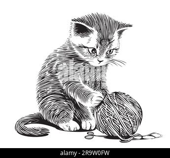 Kitten playing with ball hand drawn sketch in doodle style Stock Vector