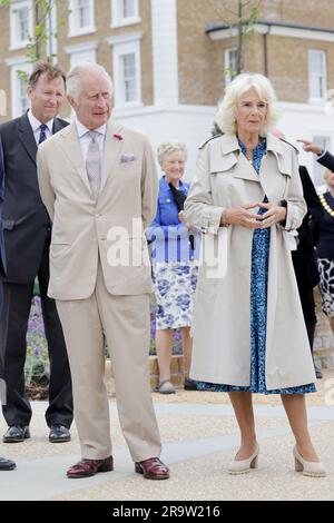 File photo dated 27/06/2023 of King Charles III and Queen Camilla during a visit at Poundbury in Dorchester, Dorset. The heating has been turned down at Buckingham Palace and other royal homes to cut emissions, reflecting the King's green credentials, royal accounts have shown. Issue date: Thursday June 29, 2023. Stock Photo