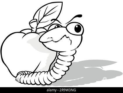 Drawing of a Worm in Front of an Apple Stock Vector